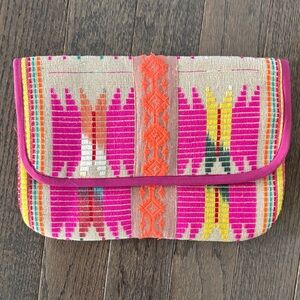 Muche & Muchette Aztec Clutch, neon orange/fuschia/yellow, cotton, 13x9”